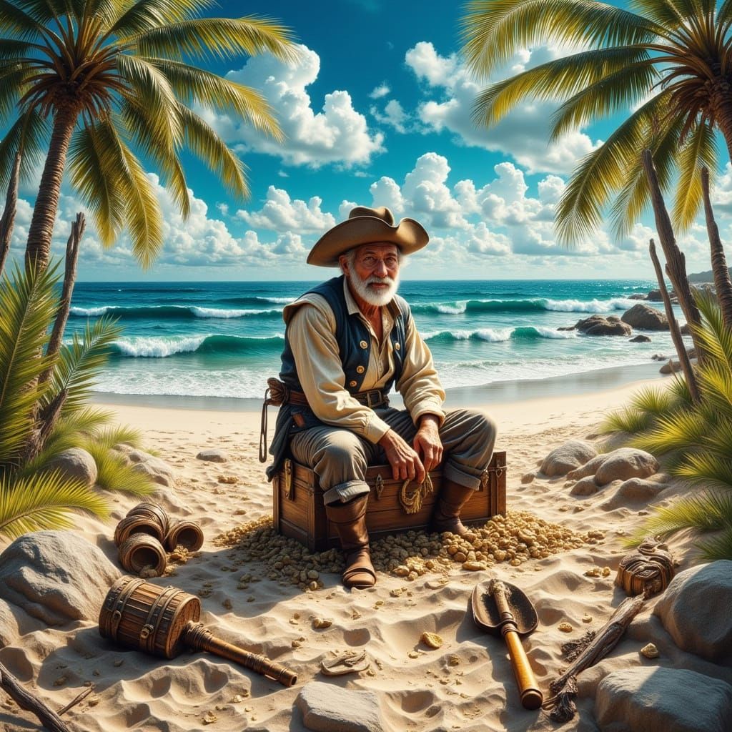 Pirate on Treasure Chest by Tropical Ocean