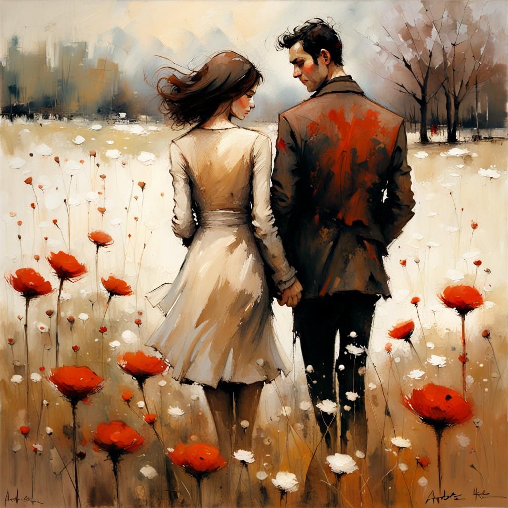 Romantic Couple in Meadow, Impressionistic Style