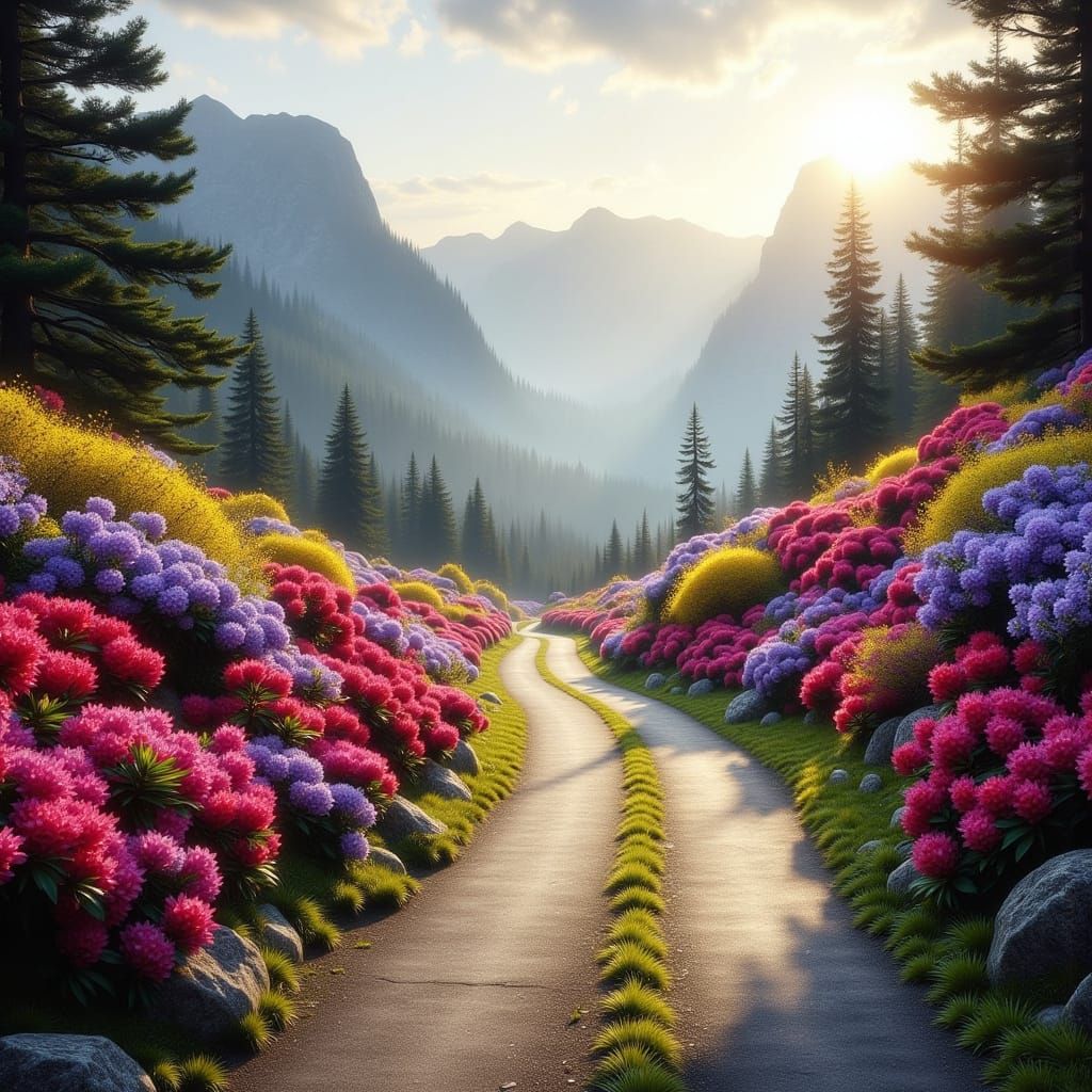 Vibrant Rhododendrons Along Misty Mountain Road