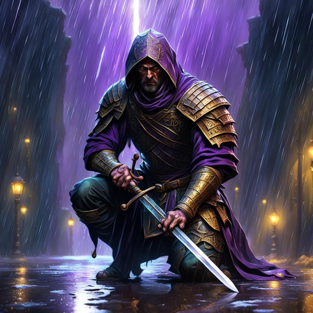 Dark Fantasy Warrior Kneeling in Rain