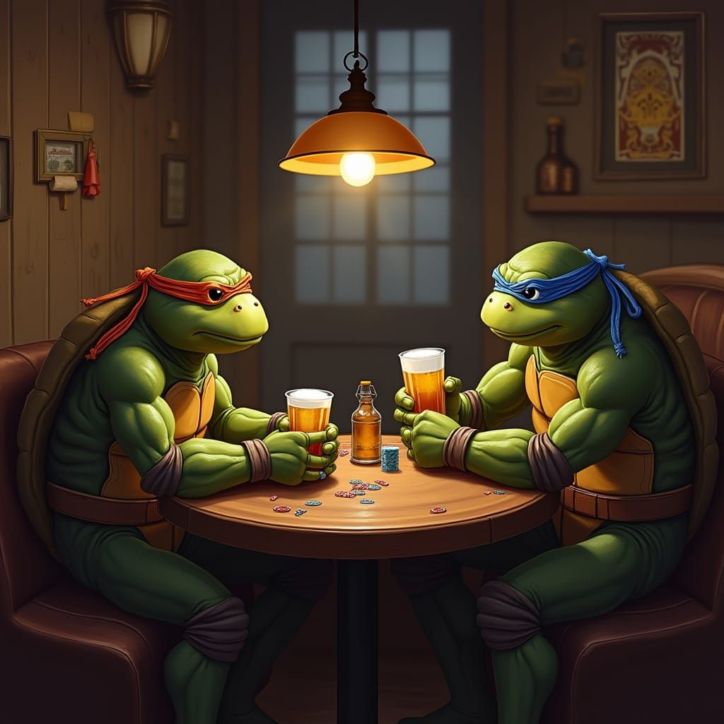Turtles Play Poker in Dimly Lit Pub
