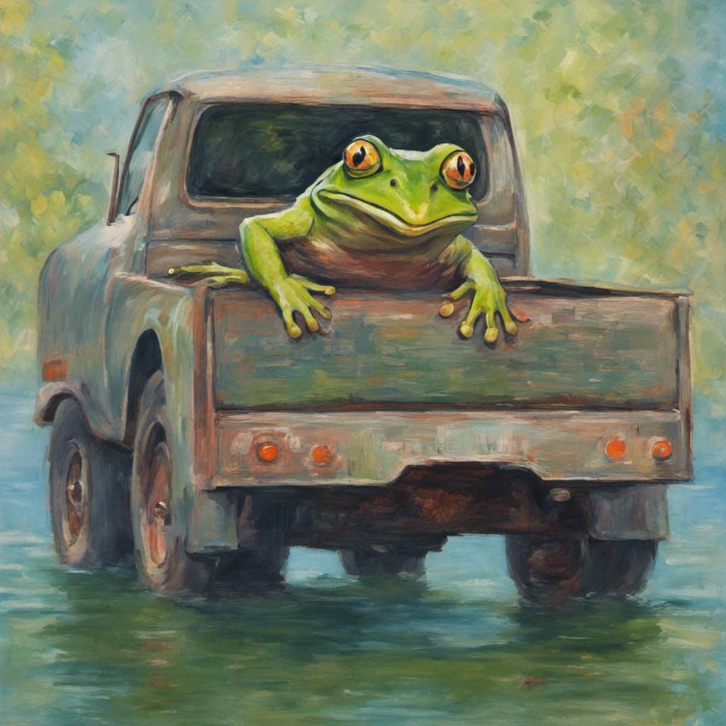 Frog Drives Truck in Impressionistic Monet Style
