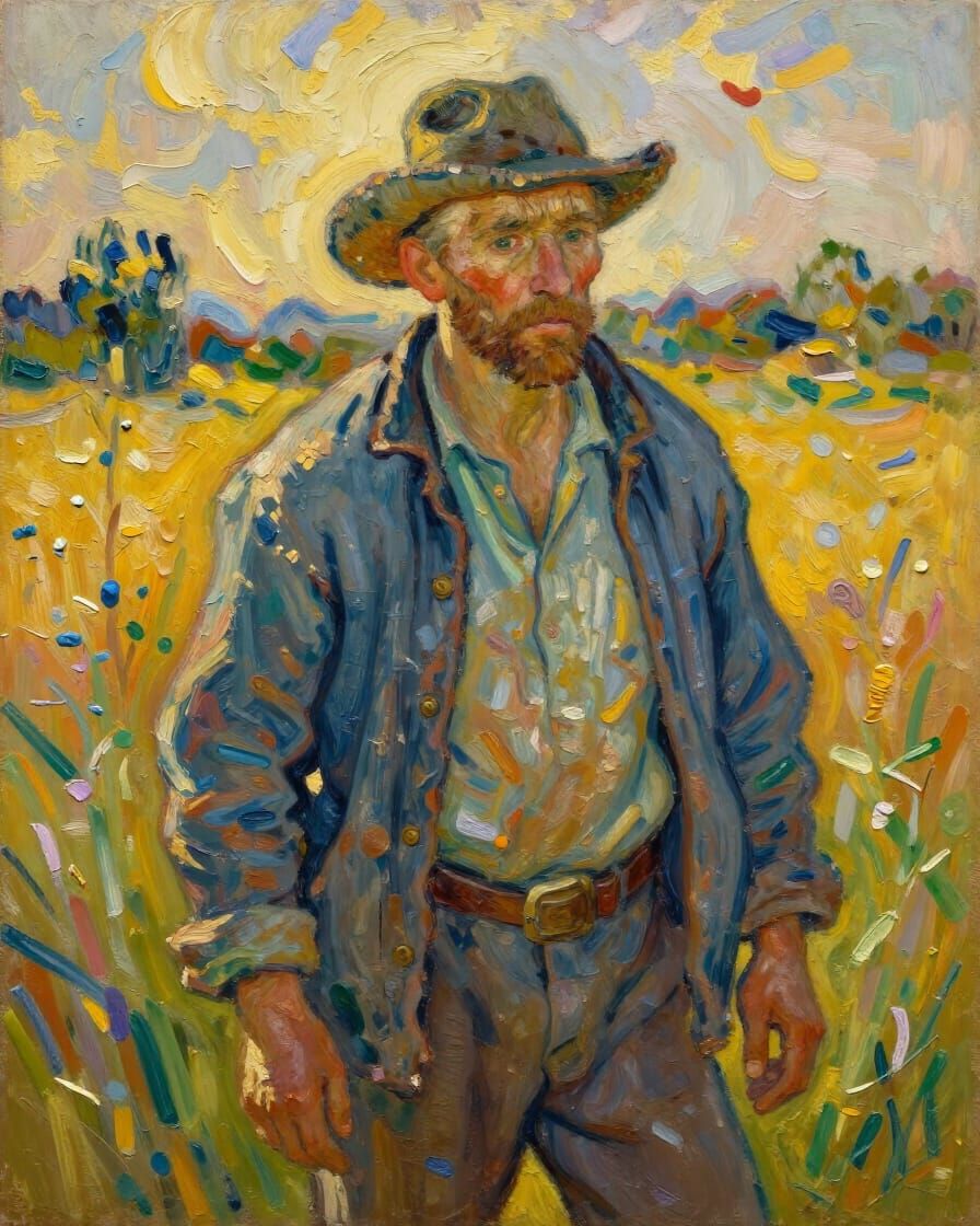 Elderly Man in Rustic Attire in Sunlit Field