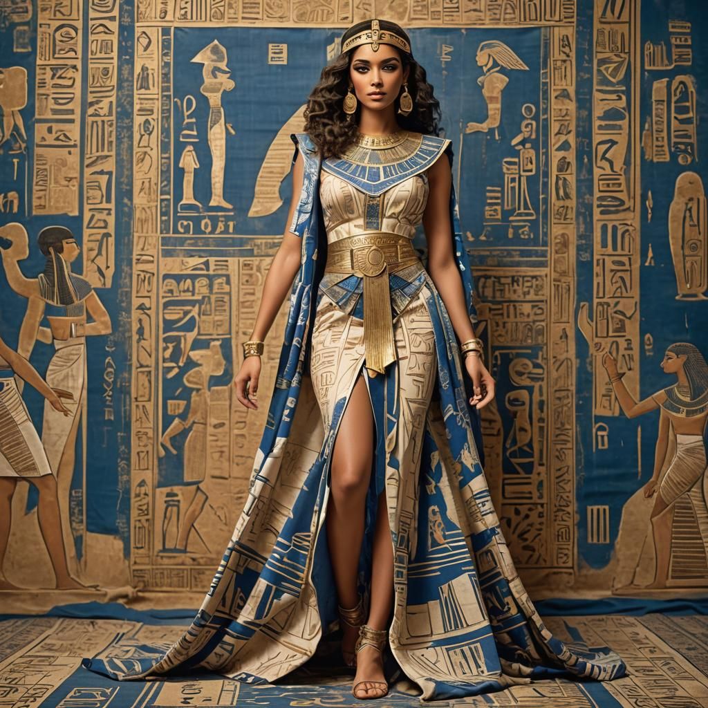 Model in Egyptian Dress with Hieroglyphic Details