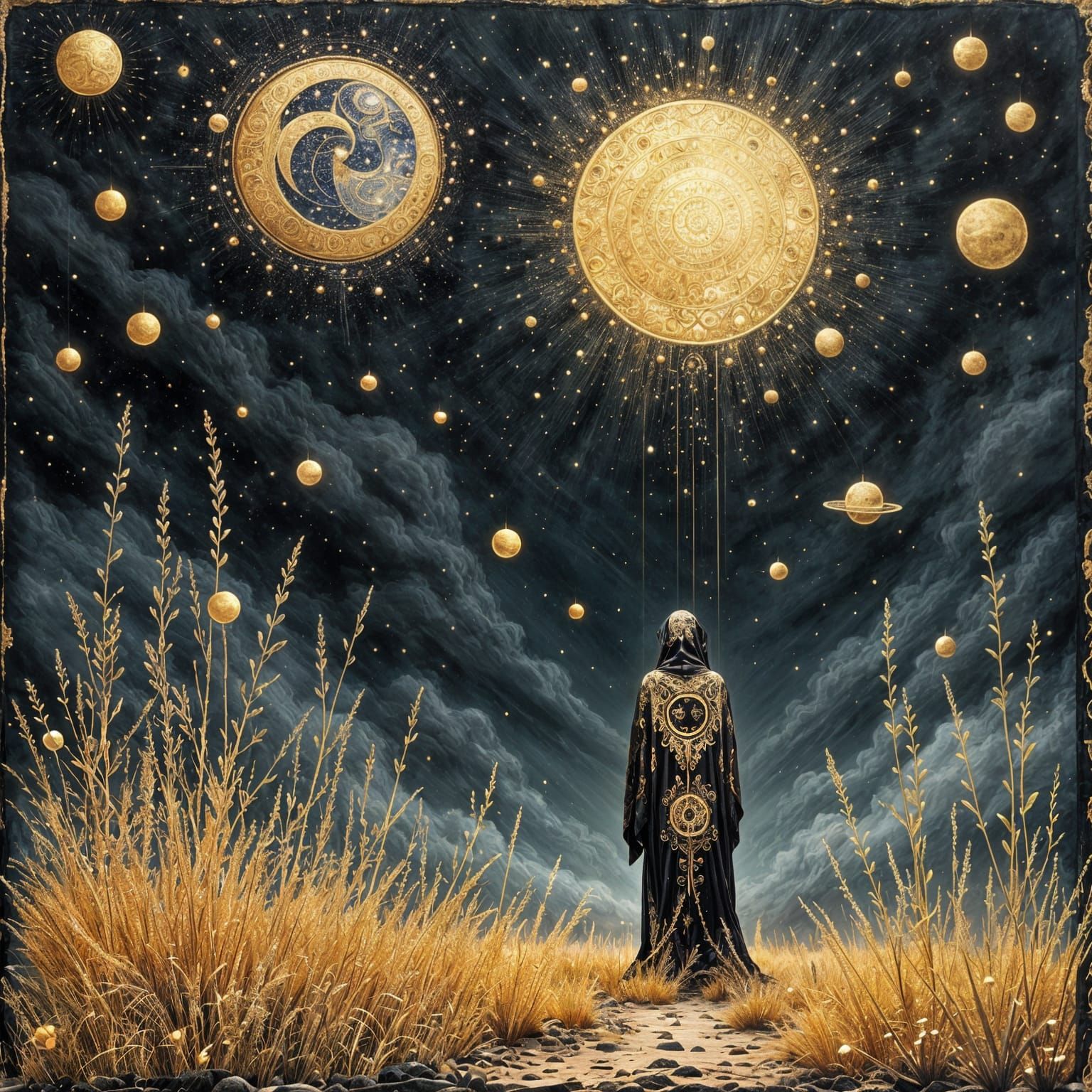 Medieval Illuminated Celestial Scene with Intricate Patterns...