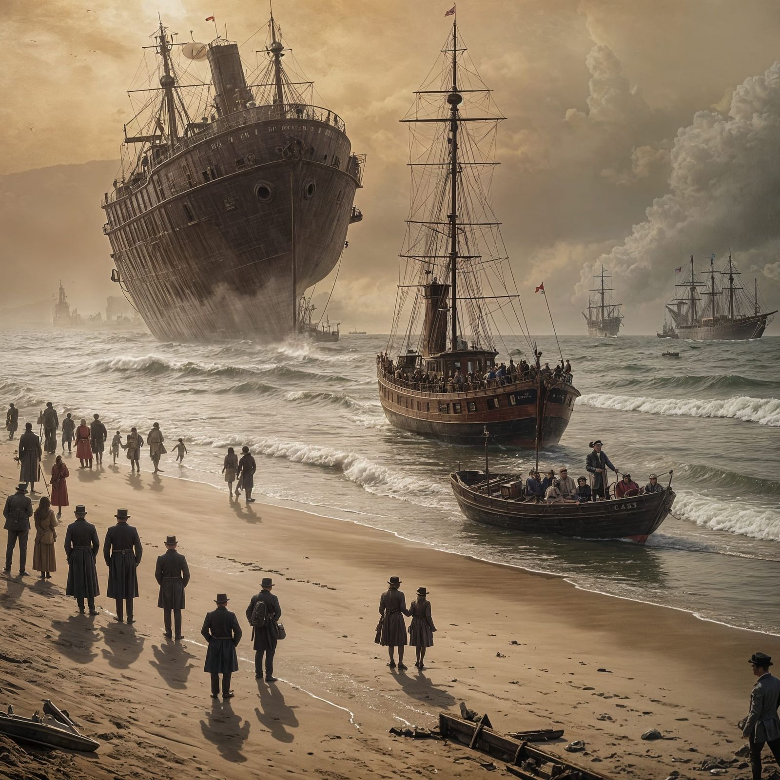 Victorian Era Steamships Evacuate Beachfront