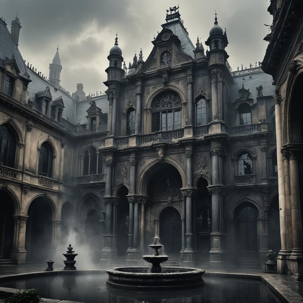 Gothic Palace Facade with Antique Fountain