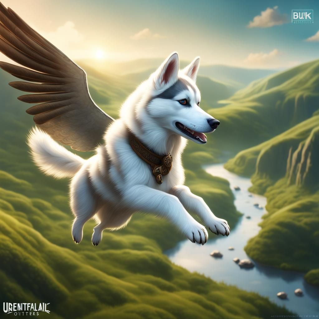 Winged Husky Flying Above Valley with Otters