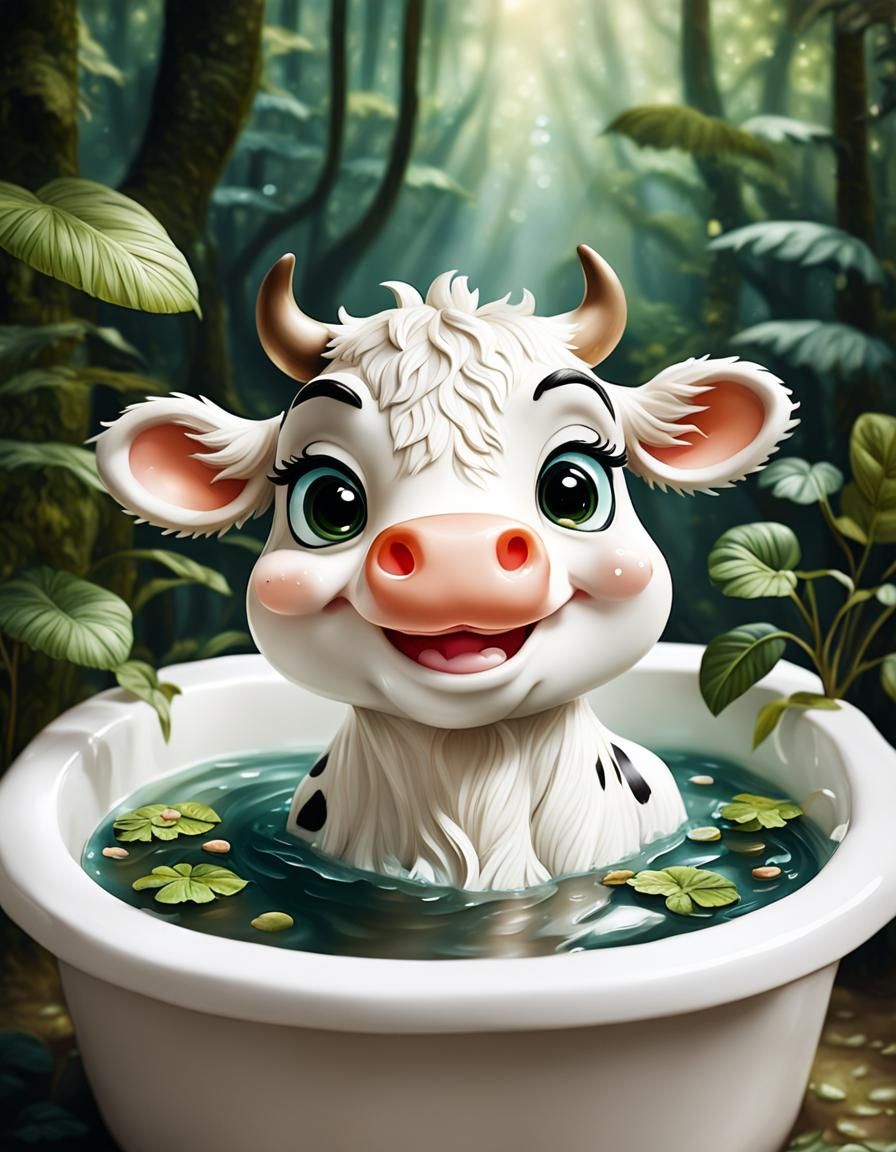 Chibi Cow Bathtime in Rainforest, Whimsical Style