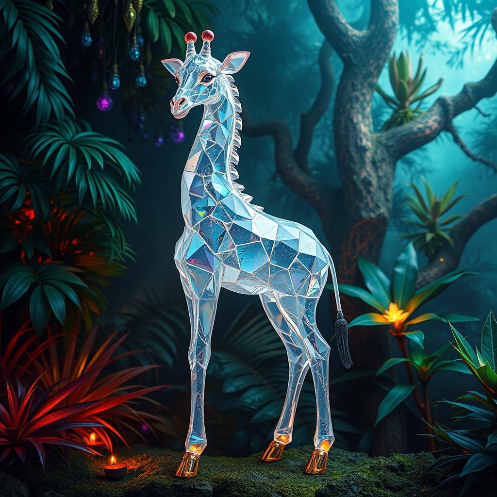 Iridescent Crystal Giraffe in Mystical Jungle