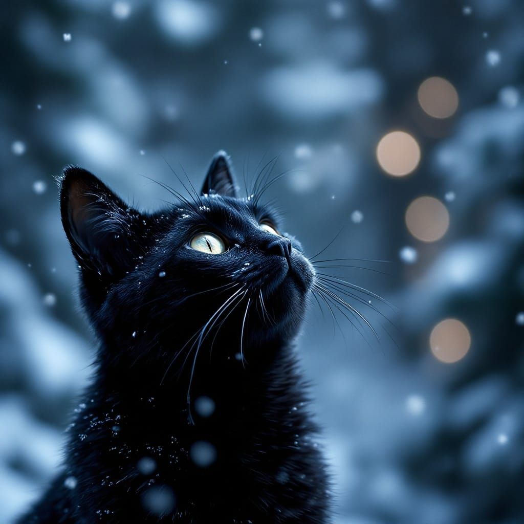 Sleek Black Cat Contemplates Snowy Twilight