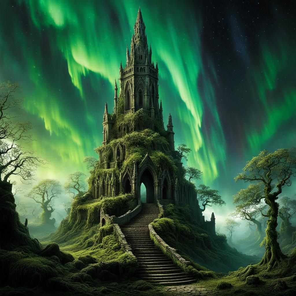 Eerie Medieval Aurora Spire Ruins in Gothic Style