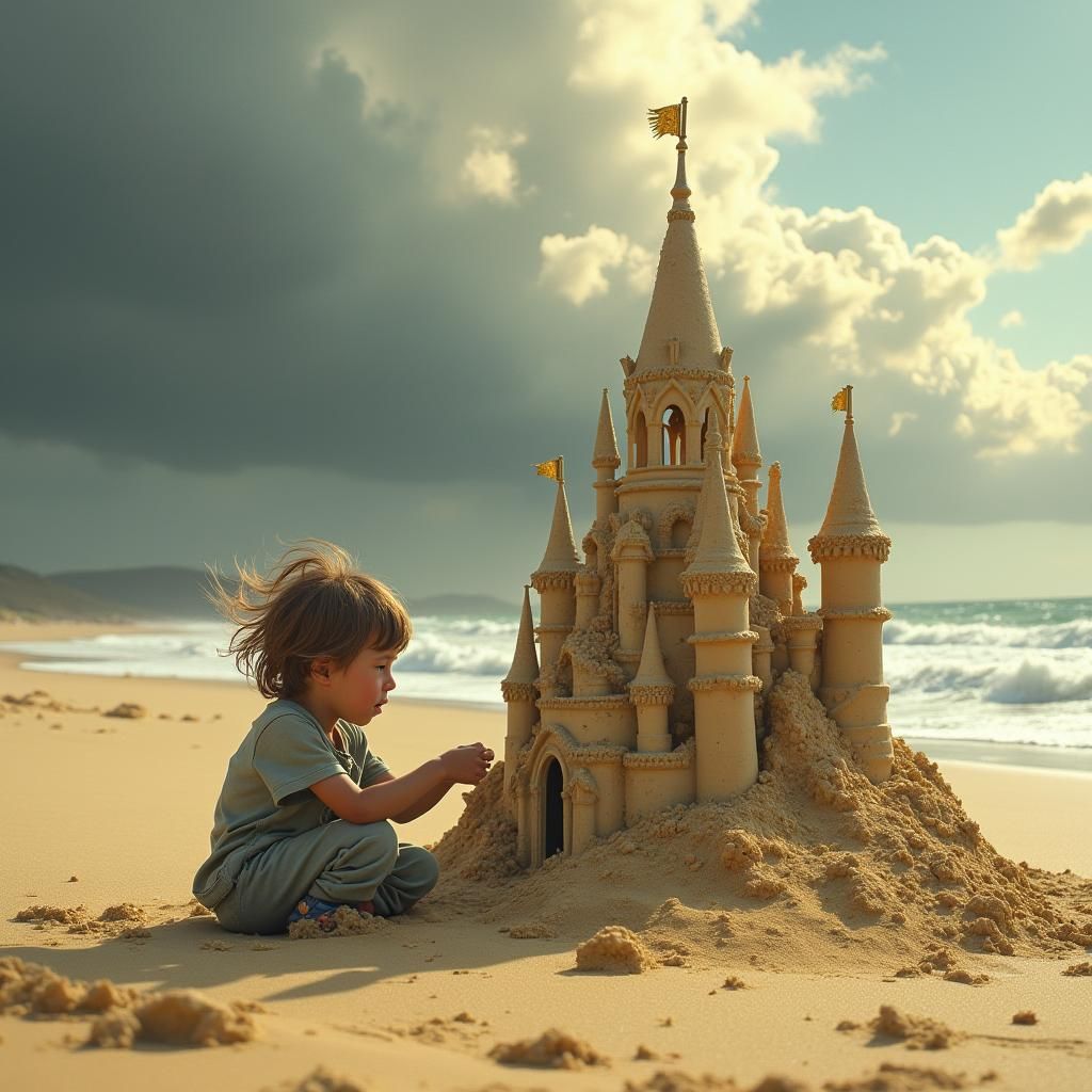 Child Repairs Sandcastle on Stormy Beach, Digital Art