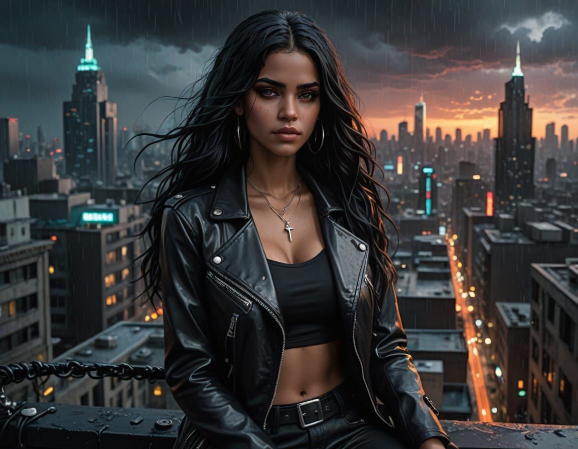 Cyberpunk Woman Overlooking Rainy Metropolis