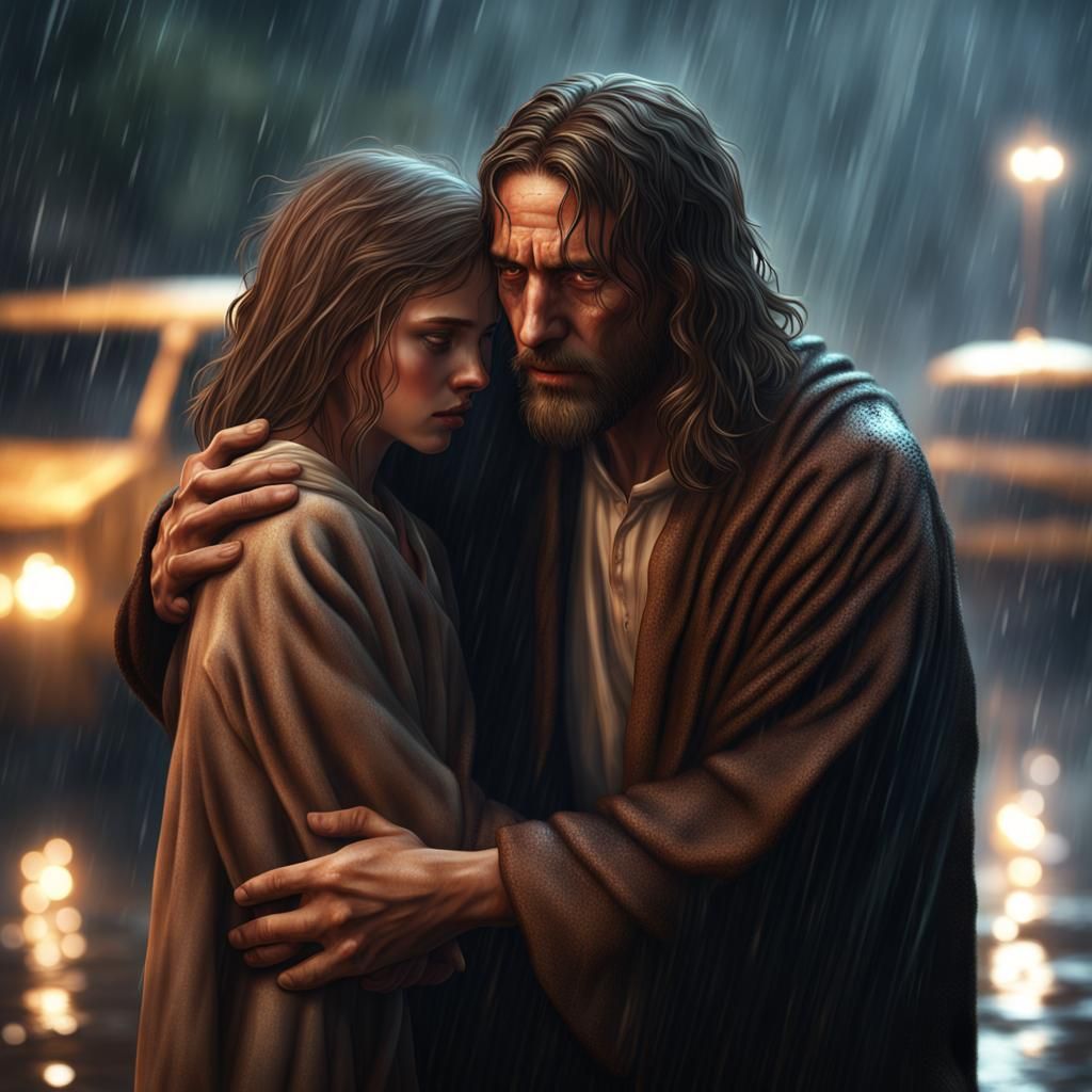 Jesus Comforts Girl in Rainy Fantasy Art