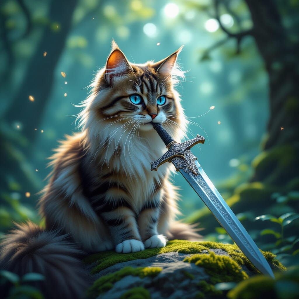 Mystical Cat Bites Crystal Sword in Enchanted Forest