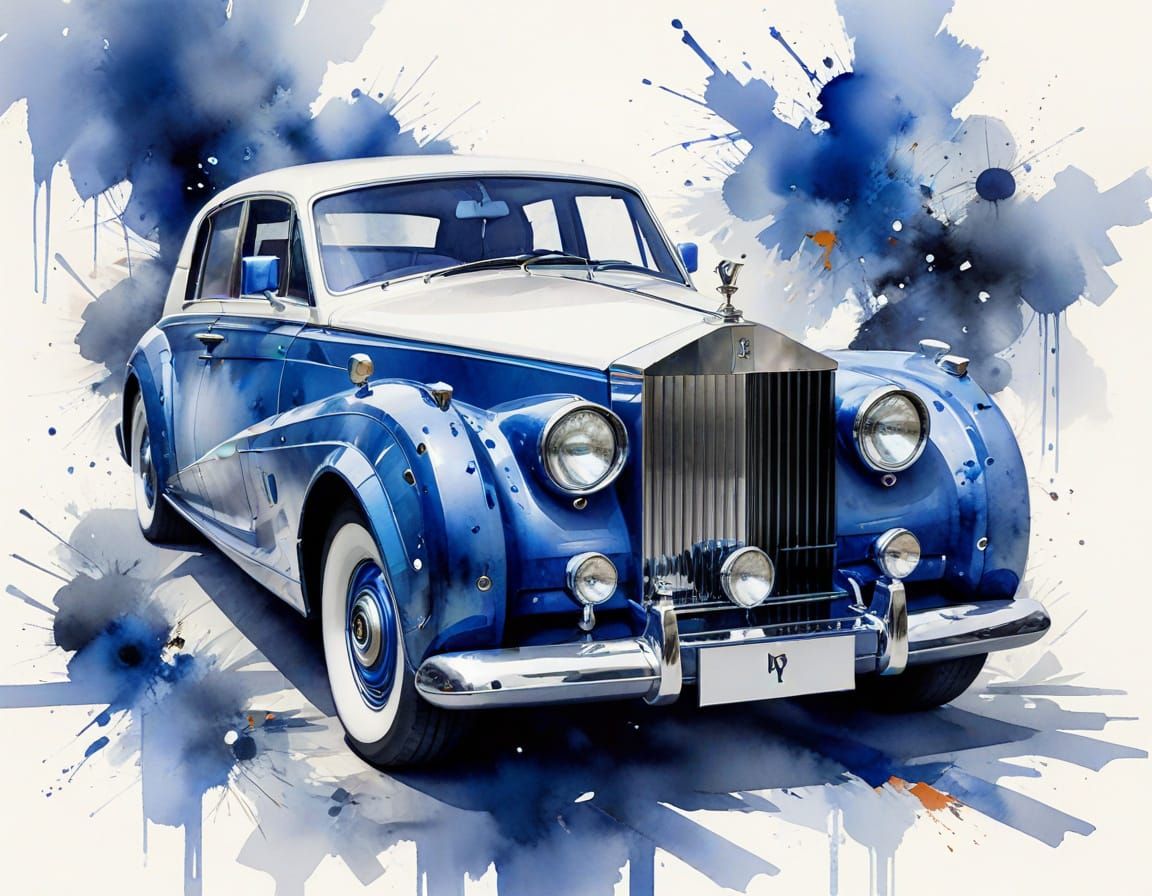 Ethereal Cobalt Blue Rolls Royce in Whimsical Watercolor