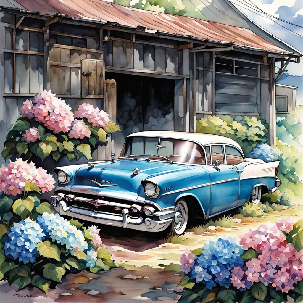 1957 Chevy Surrounded by Hydrangeas in Anime Style