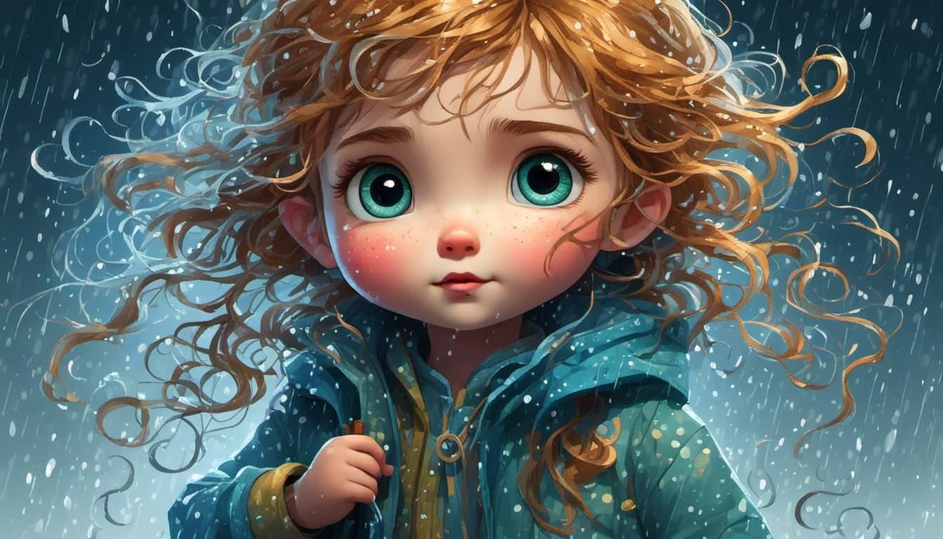 Chibi Character in Rainy Storm with Prismatic Eyes