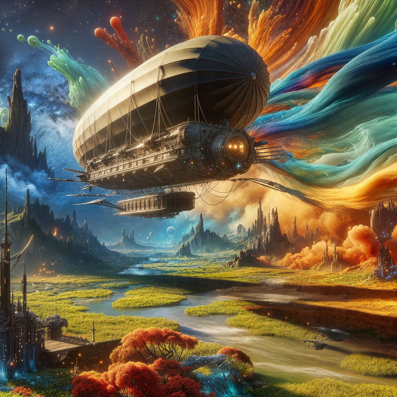 Fantastical Airship Soaring Over Alien Landscape