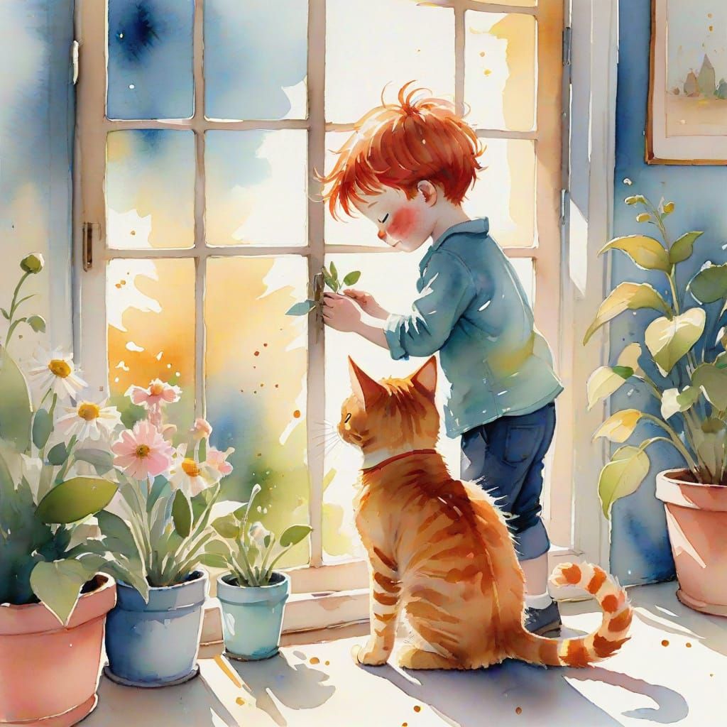 Whimsical Toddler Boy Plays with Ginger Cat in Sunlit Nurser...