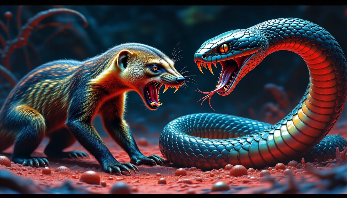 Mongoose vs Cobra in Giger-Inspired Horror Surrealism