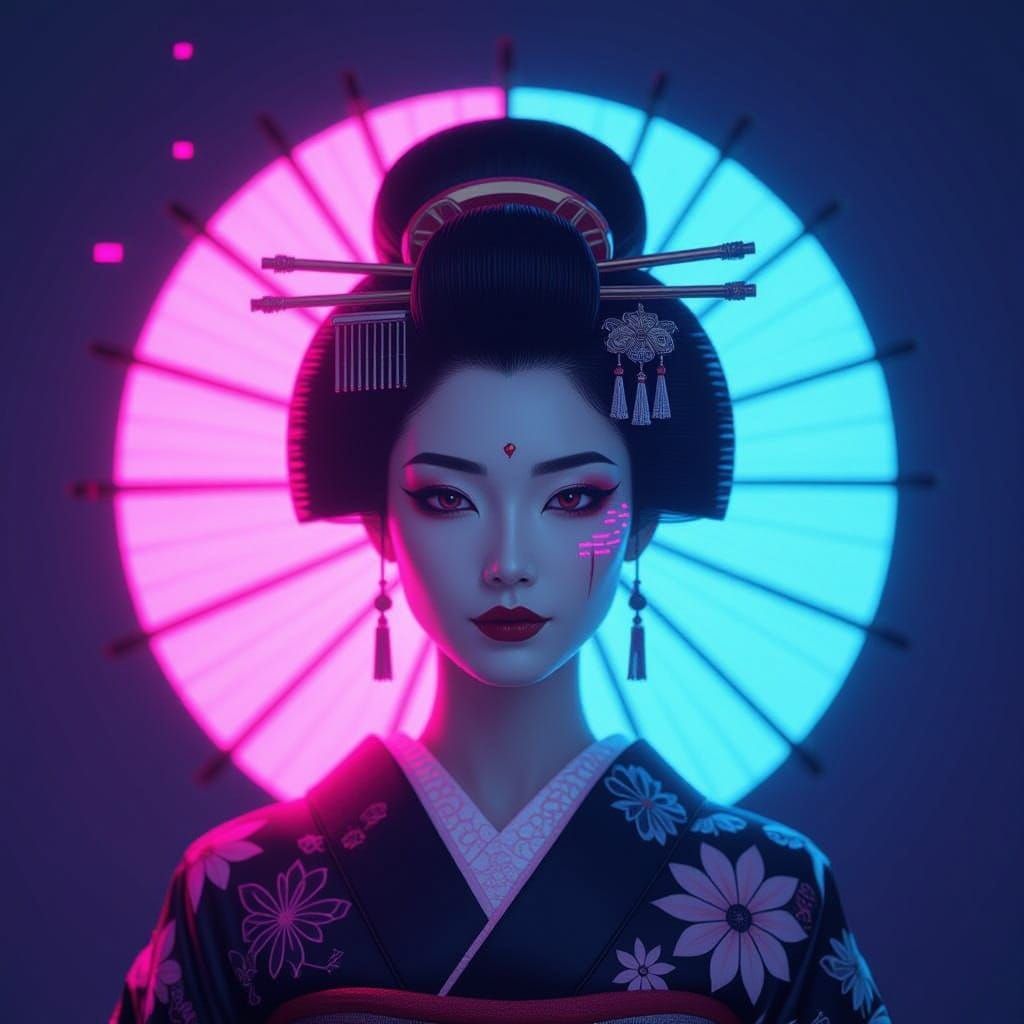 Cyberpunk Geisha with Holographic Fan in Edo Style
