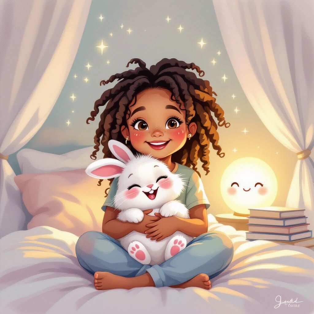 Girl with Bunny in Dreamy Watercolor Bedroom