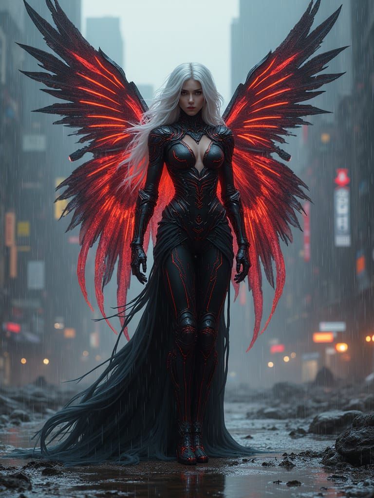 Mythpunk Seraph of Obsidian Alloys with Crimson Circuits