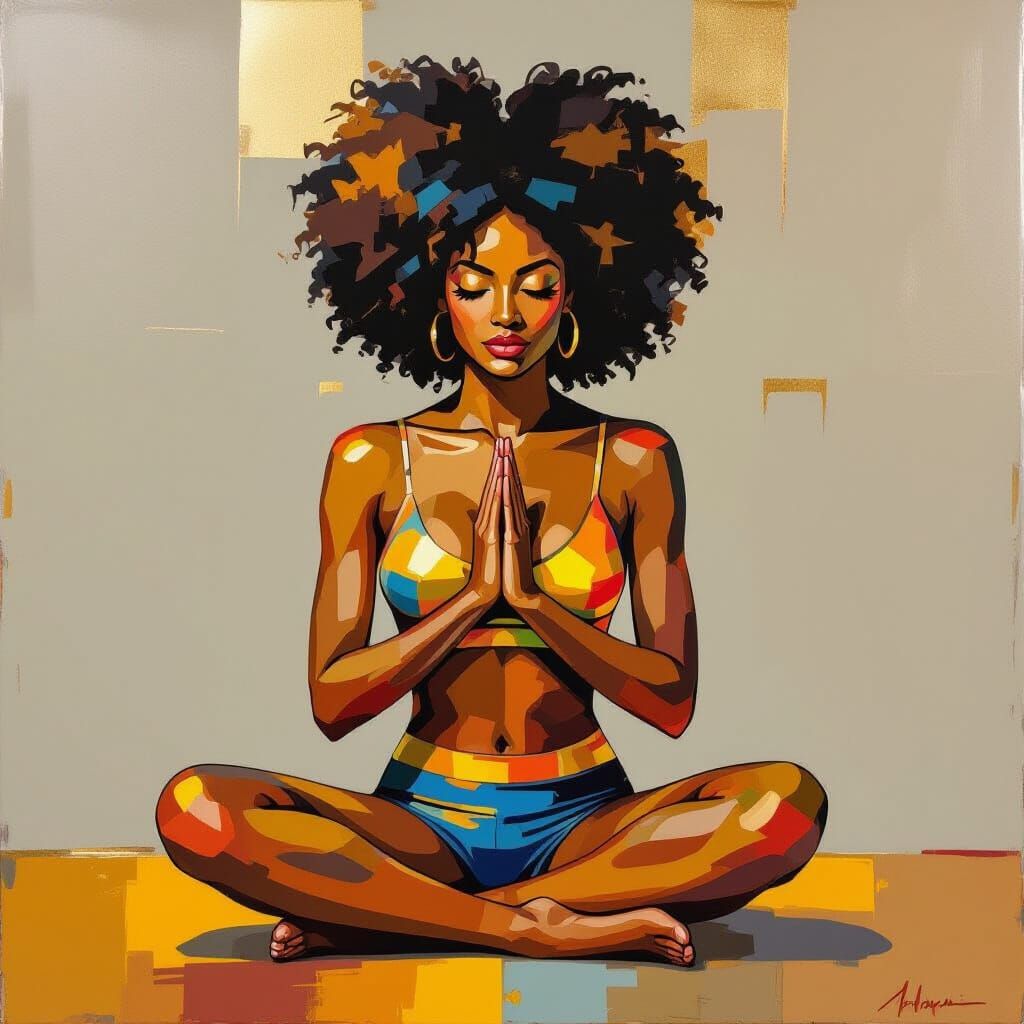 Abstract Woman Meditating in Gold, Blue, and Yellow
