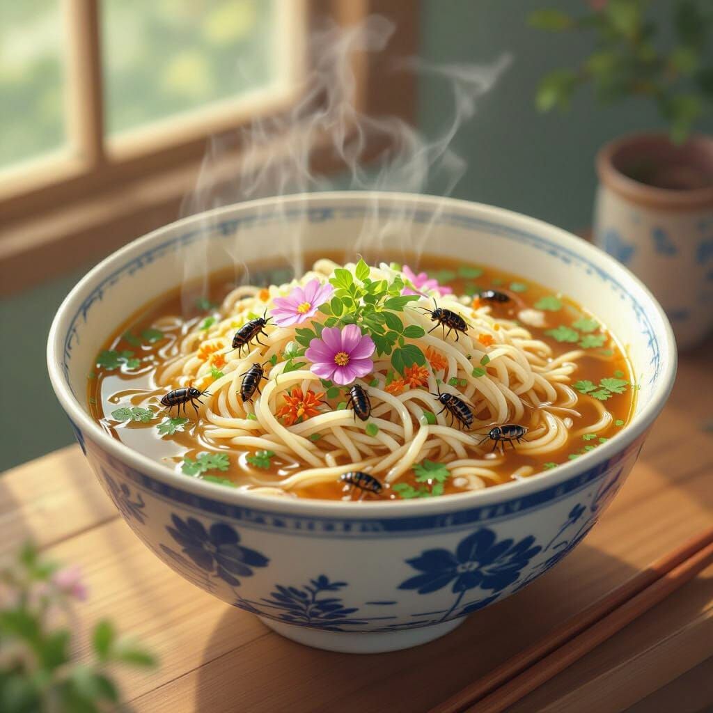 Surreal Ramen Bowl with Vines and Flower Petals
