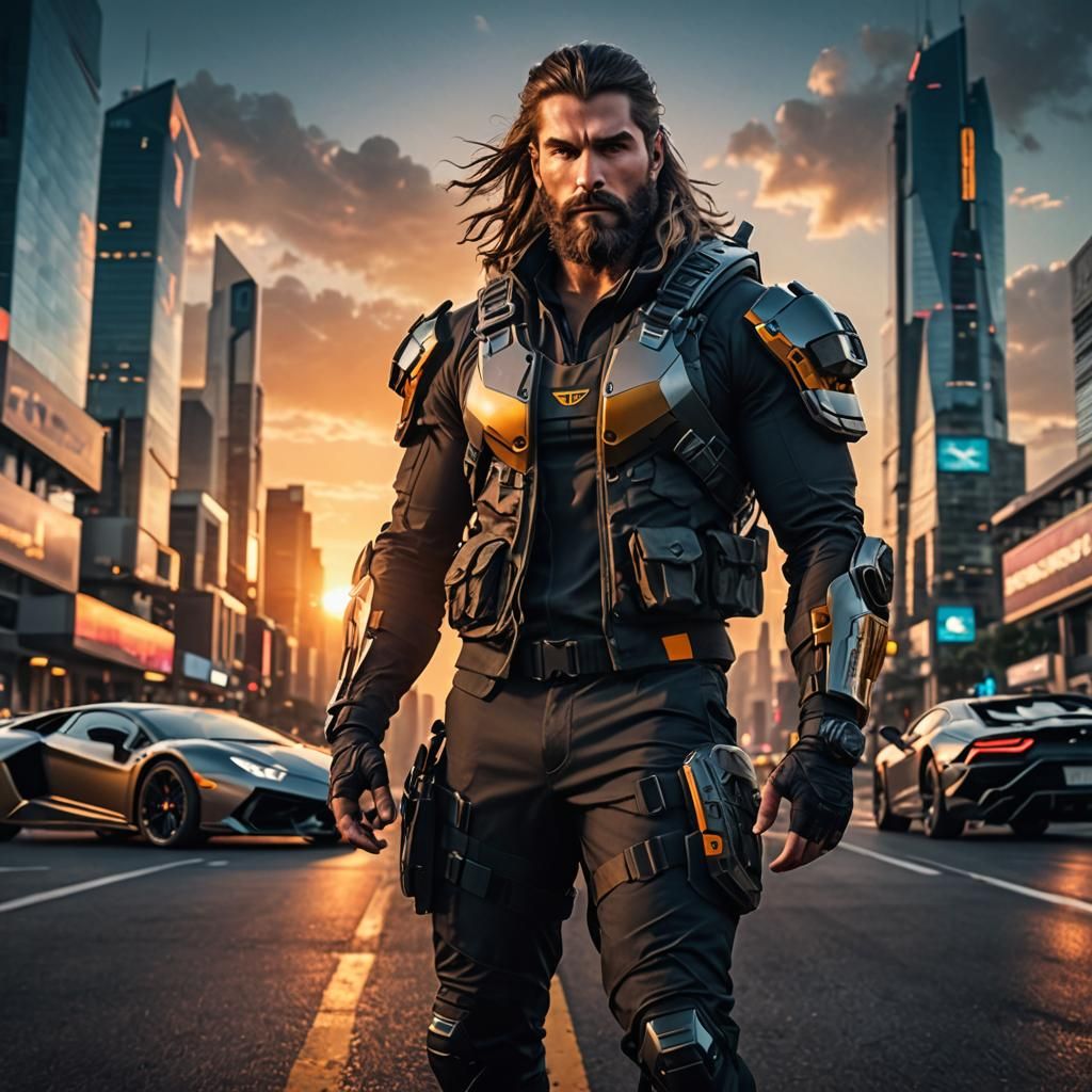 Hyperrealistic Video Game Character in Cyberpunk City