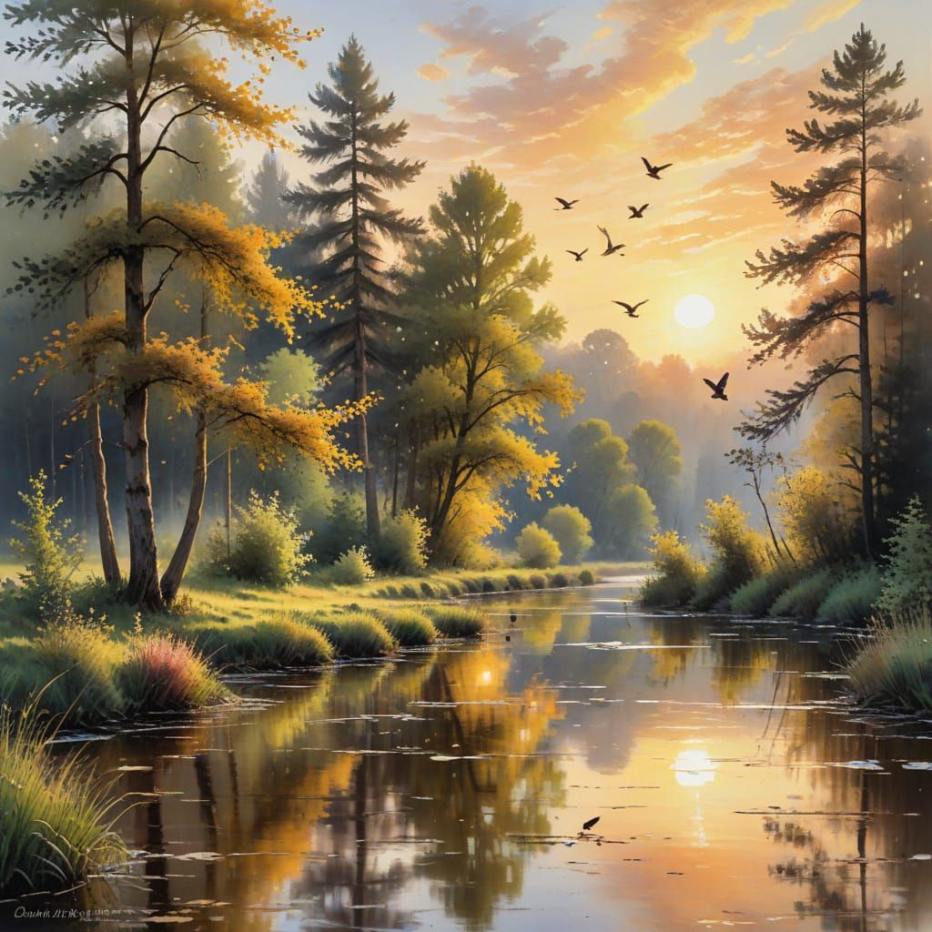 Idyllic Forest Clearing in Watercolor Impressionism