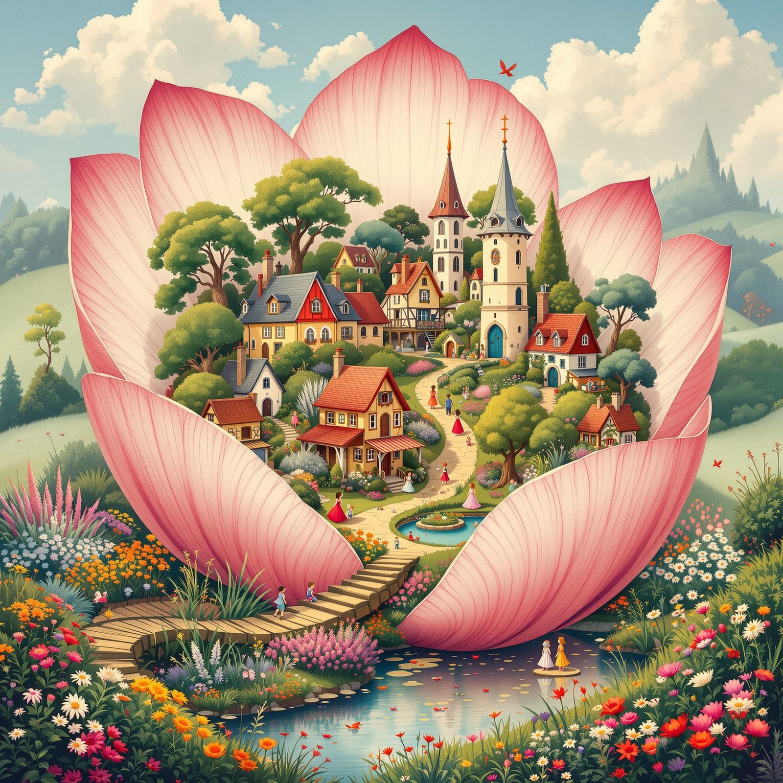 Whimsical Village Inside Giant Flower, Beatrix Potter & Miya...