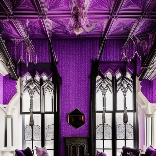 Ethereal Gothic penthouse with purple gothic walls with Beautiful black Gothic windows with cobalt blue curtains& Beauti...