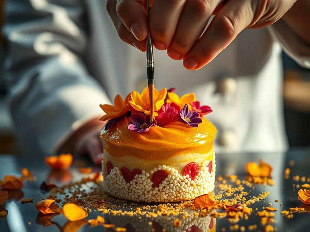 Exquisite Pastry Decoration with Edible Flowers and Gold