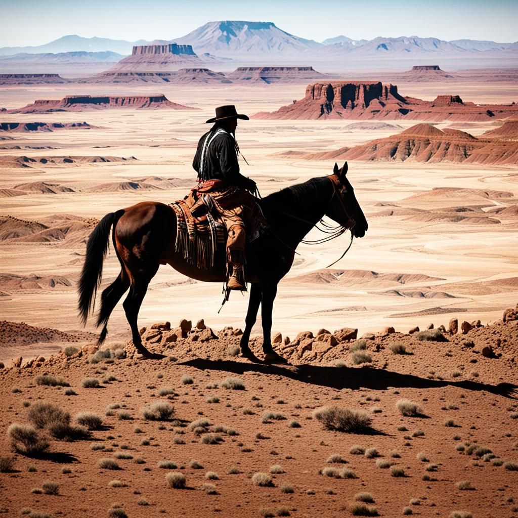 Native American Horseman in Vast Desert Landscape