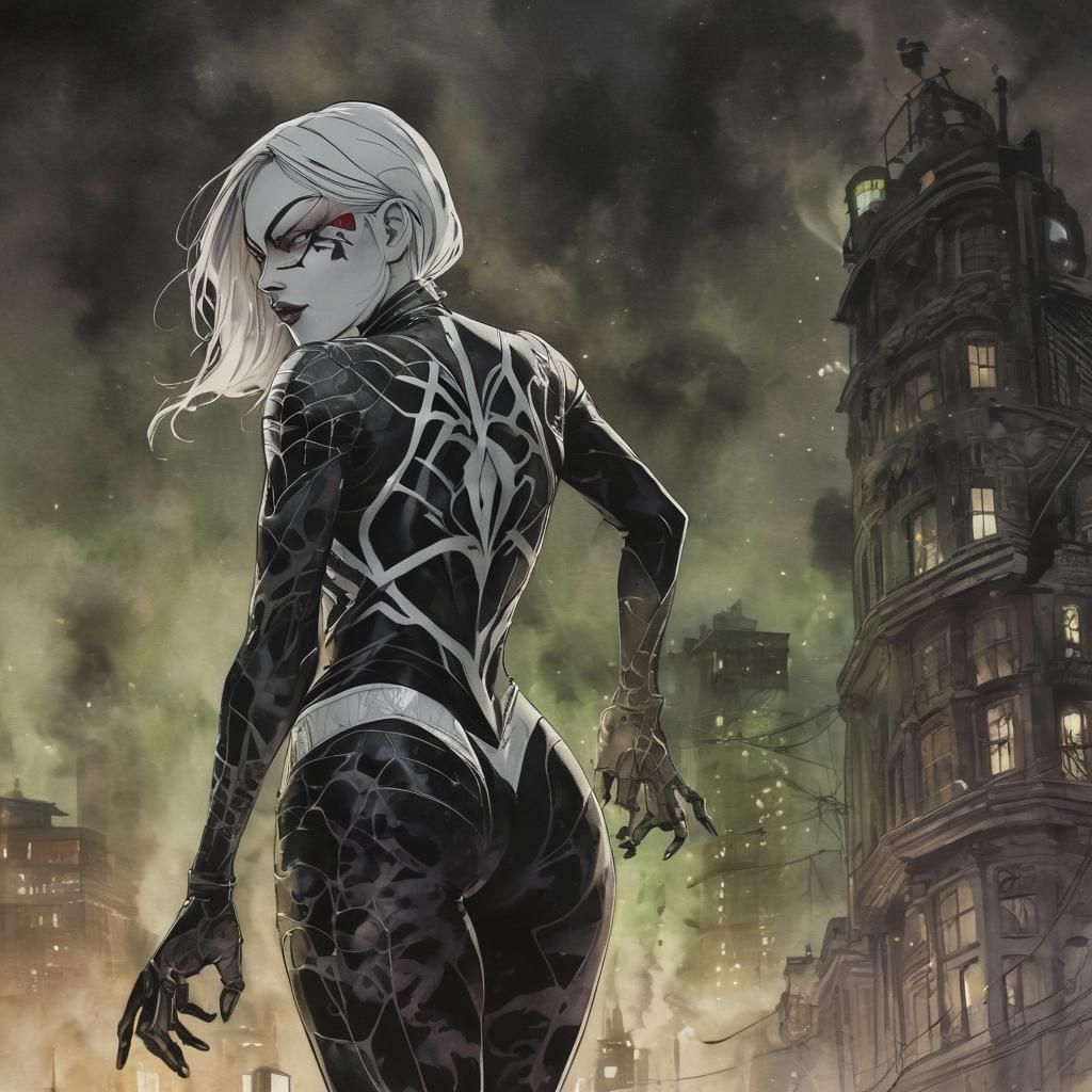 Heroic Venom Spider Girl Gwen Amidst Urban Darkness