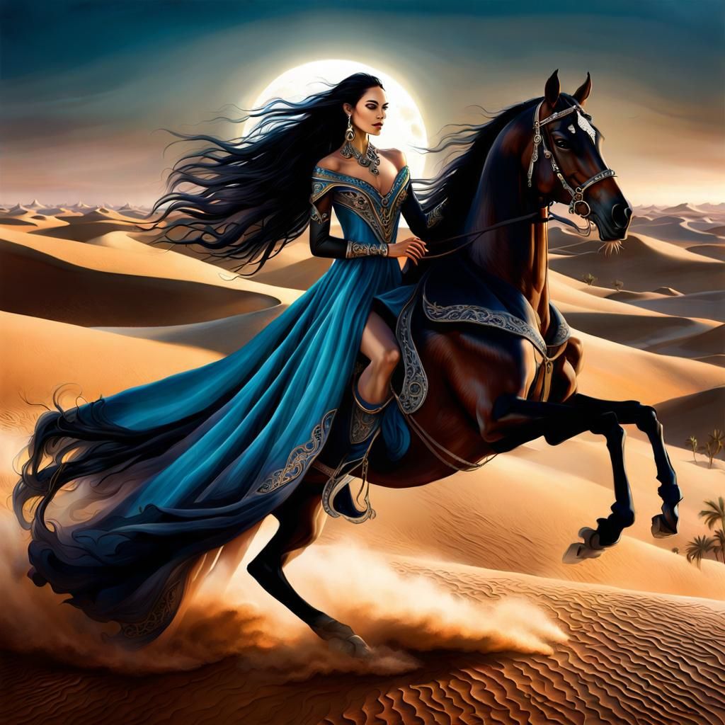 A captivating Brazilian woman  gracefully rides a majestic A...