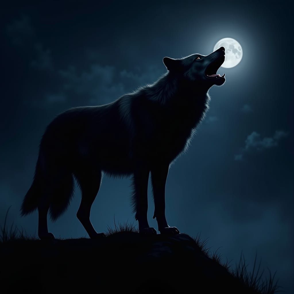 Moonlit Black Wolf at Full Howl