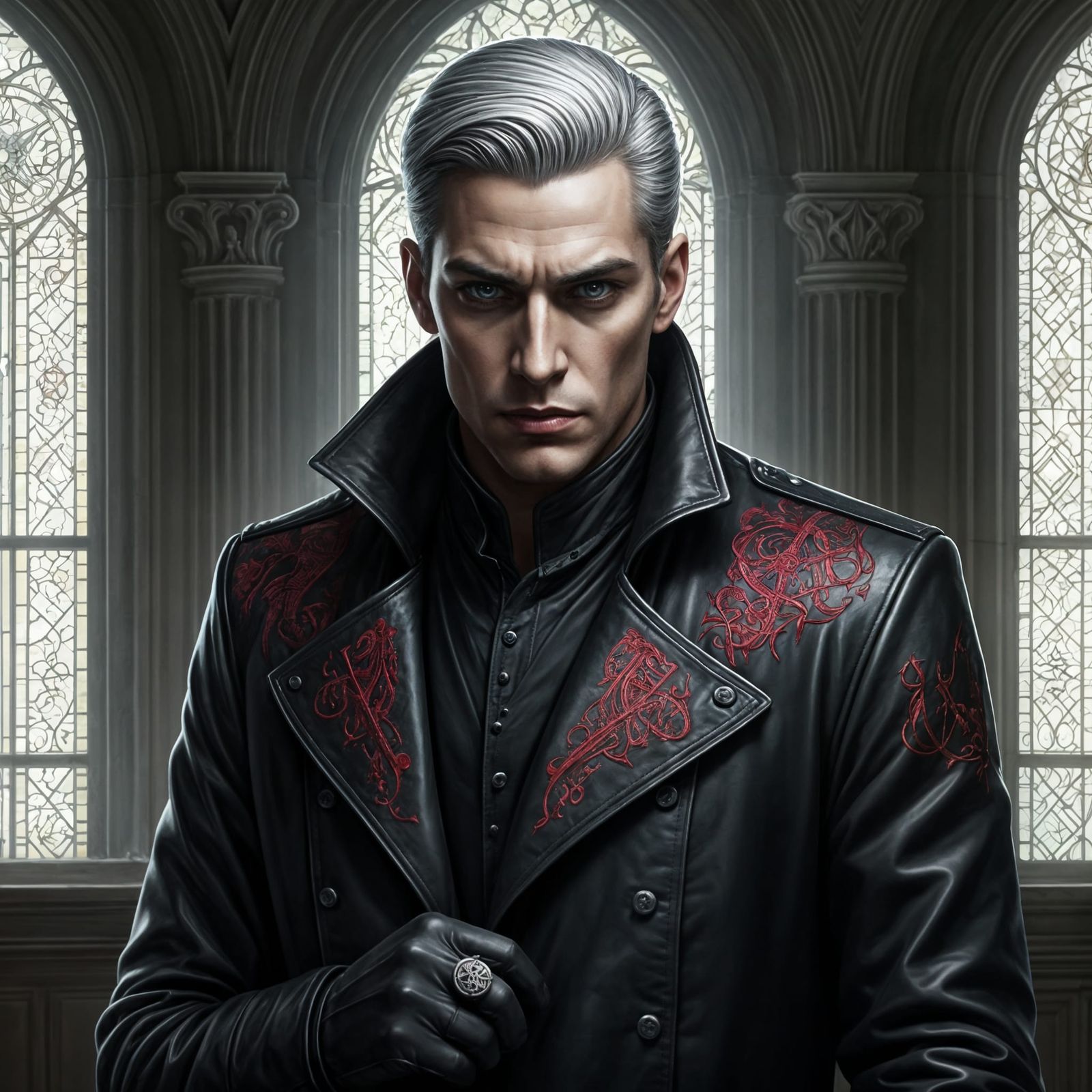 Elegant Man in Leather Coat with Crimson Embroidery
