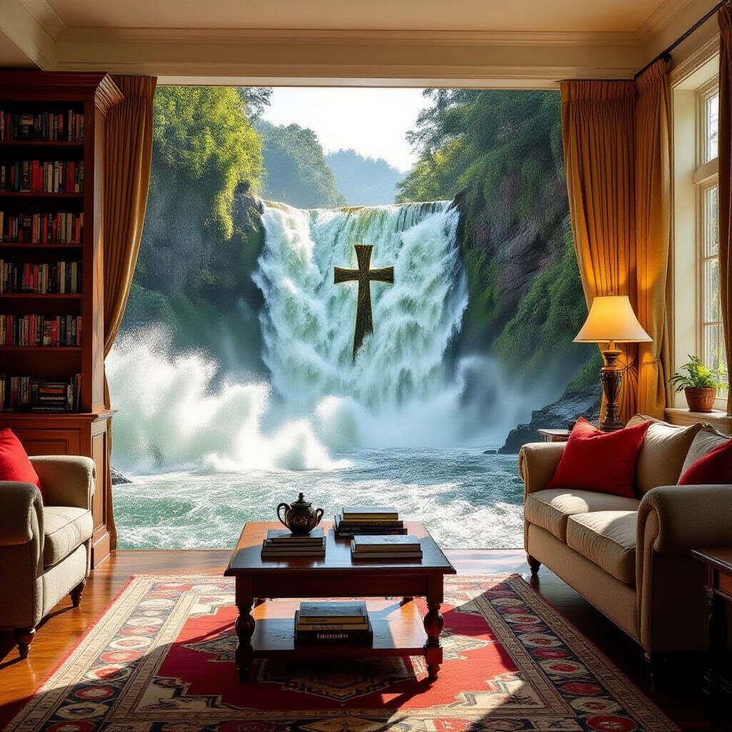 Waterfall Bible in Hyperrealistic Style