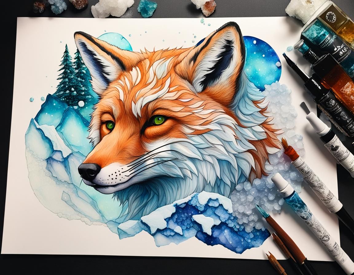 Kitsune Fox in Glacial Snowscape, Alcohol Ink Art