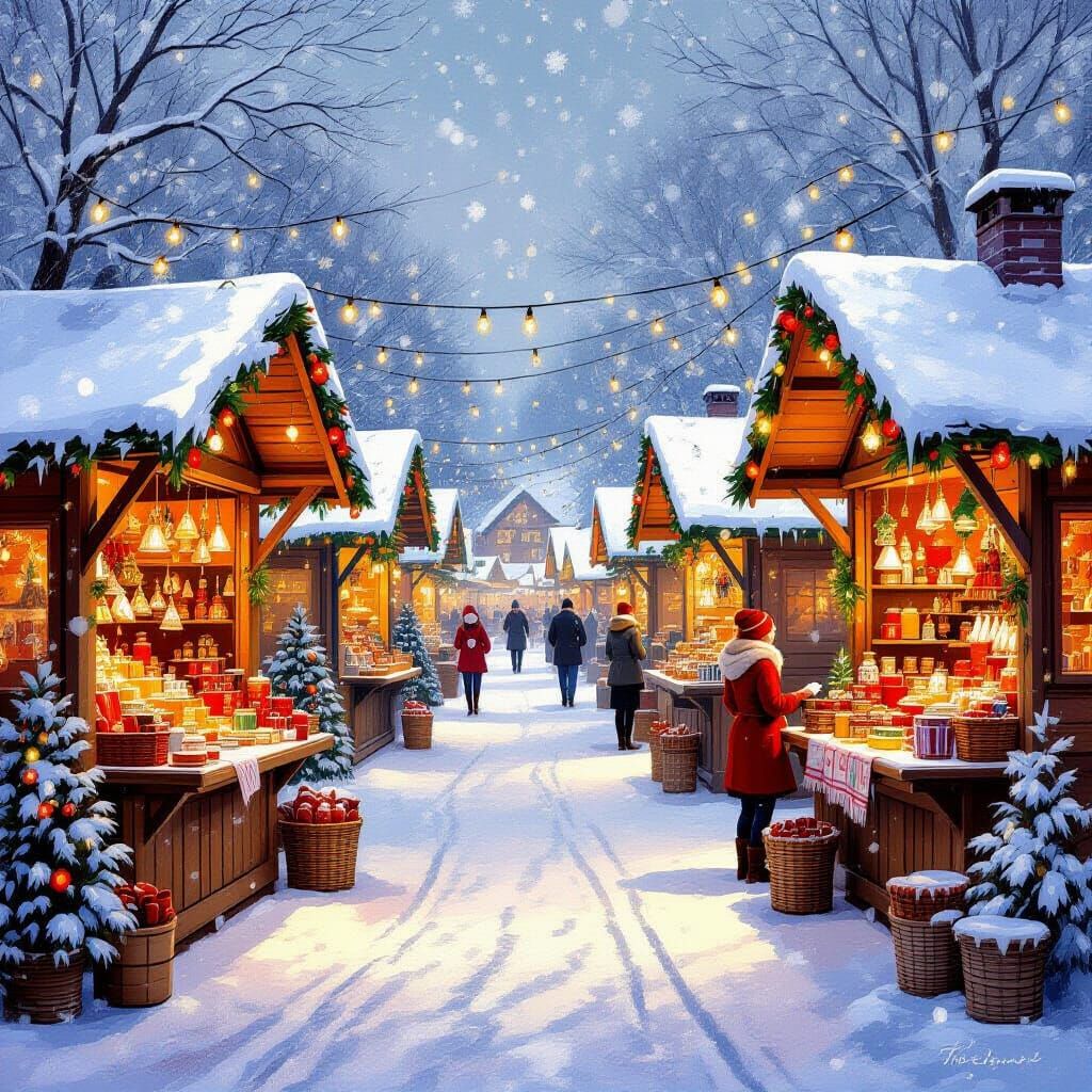 Cozy Christmas Market Scene with Falling Snow