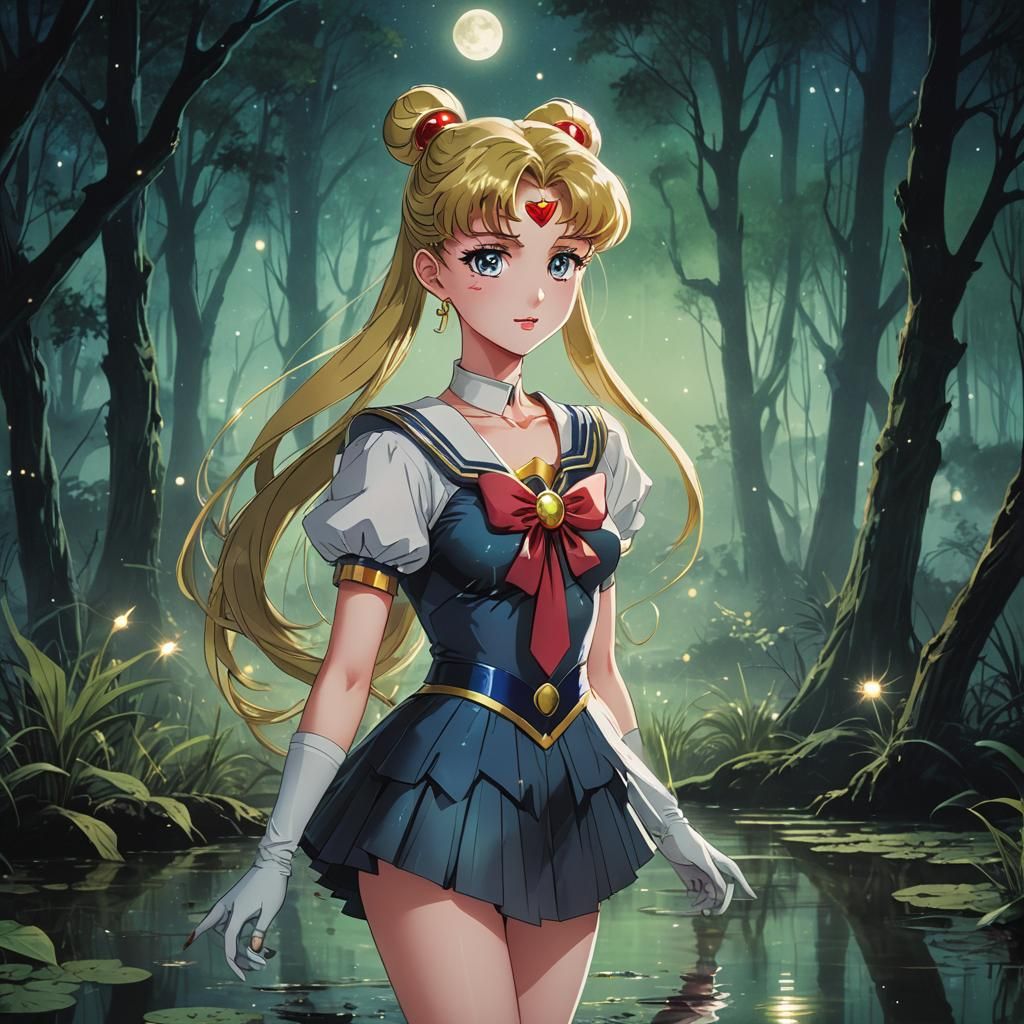 Sailor Moon in Mystical Moonlit Swamp: Anime Masterpiece