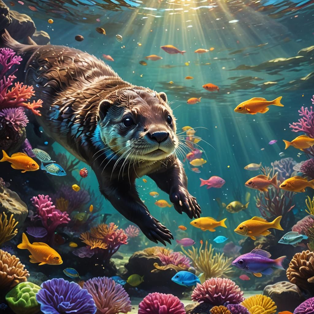 Enchanted Baby Otter Underwater Hunt in Surreal Style