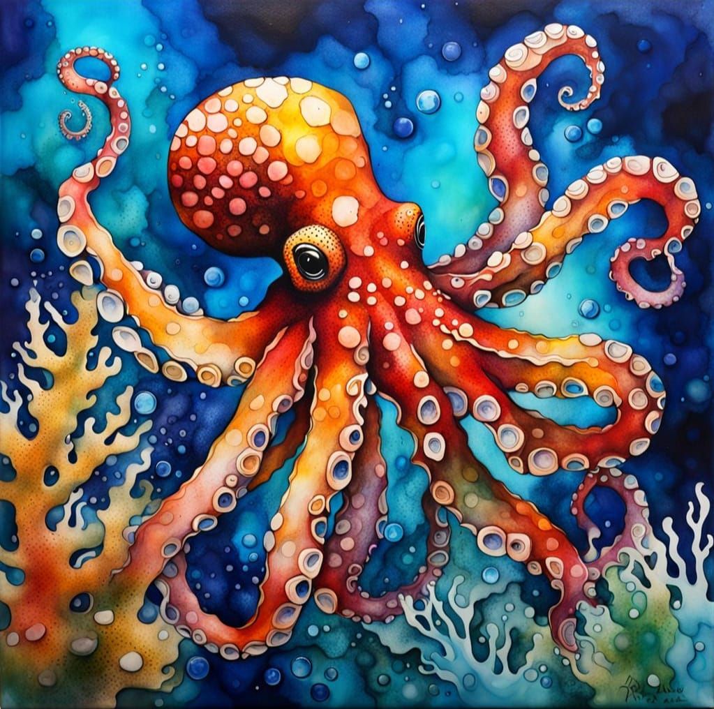 Octopus in Undersea Scene as Alcohol Ink Art