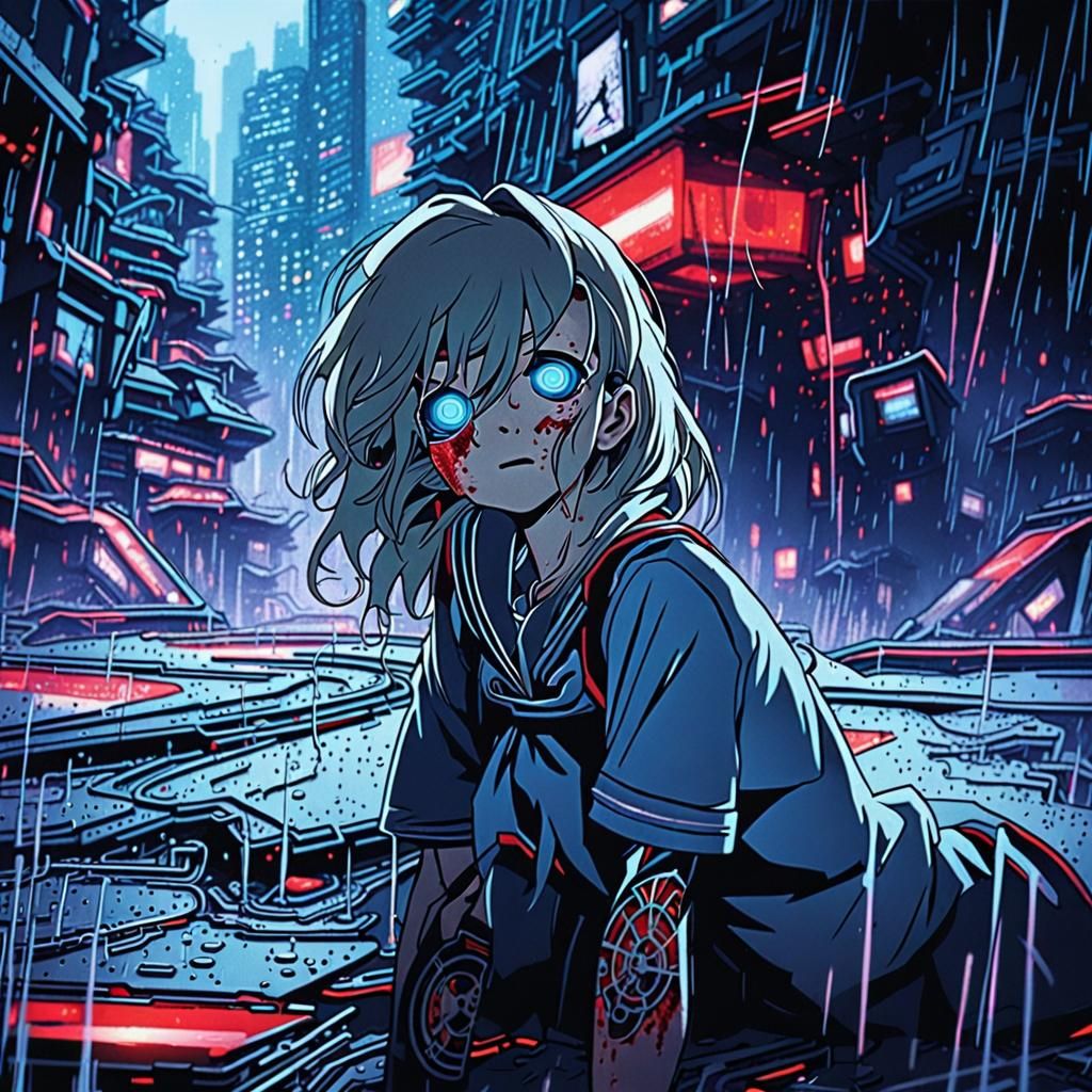 Cyberpunk Anime Girl Crying Blood in Rainy City