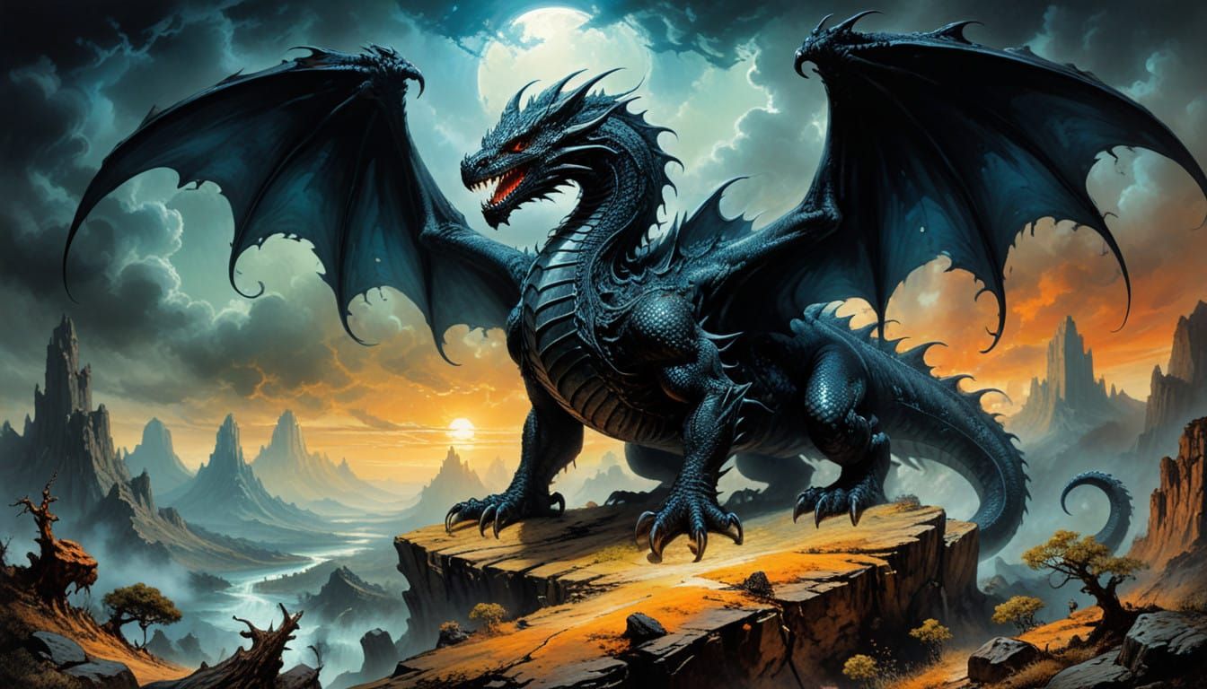 Majestic Black Dragon in Vivid Fantasy Realm