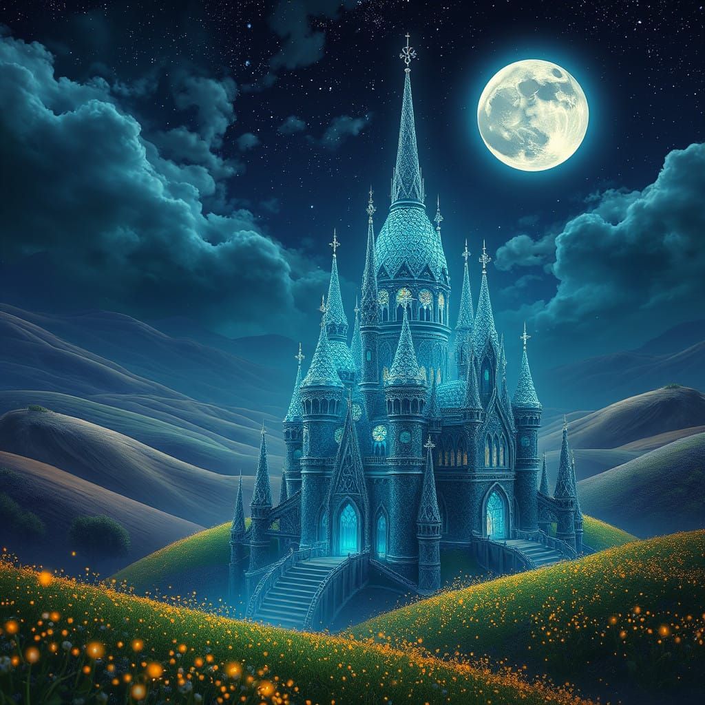 Fantasy Fractal Castle Under Midnight Stars in Intricate Dig...